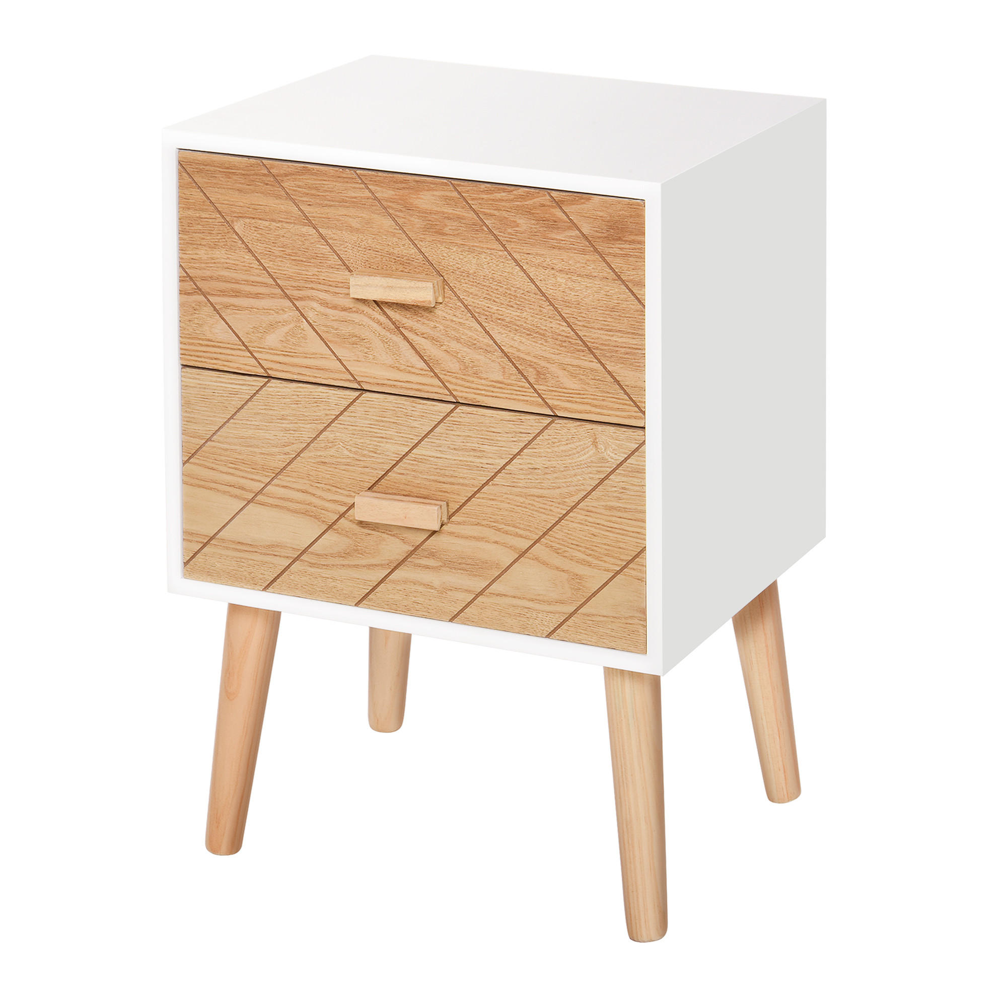NACHTTISCH Weiß und Natur MDF und Holz mit 2 Schubladen 1er-Set - Weiß, Holz (40/55.5/30cm) - PANGIVO