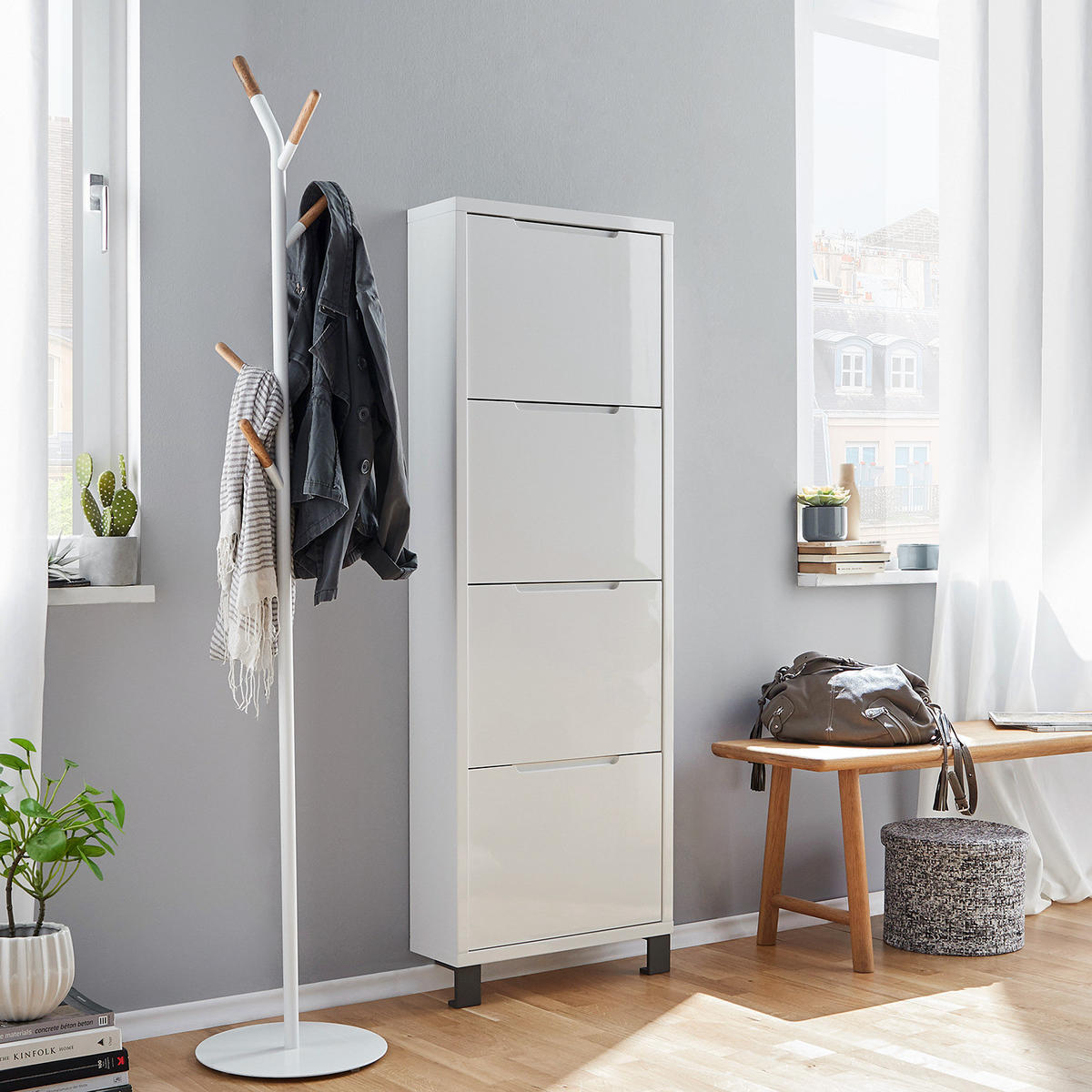 SCHUHKIPPER - Weiß Hochglanz/Grau, Holzwerkstoff (53/153/17cm) - home24