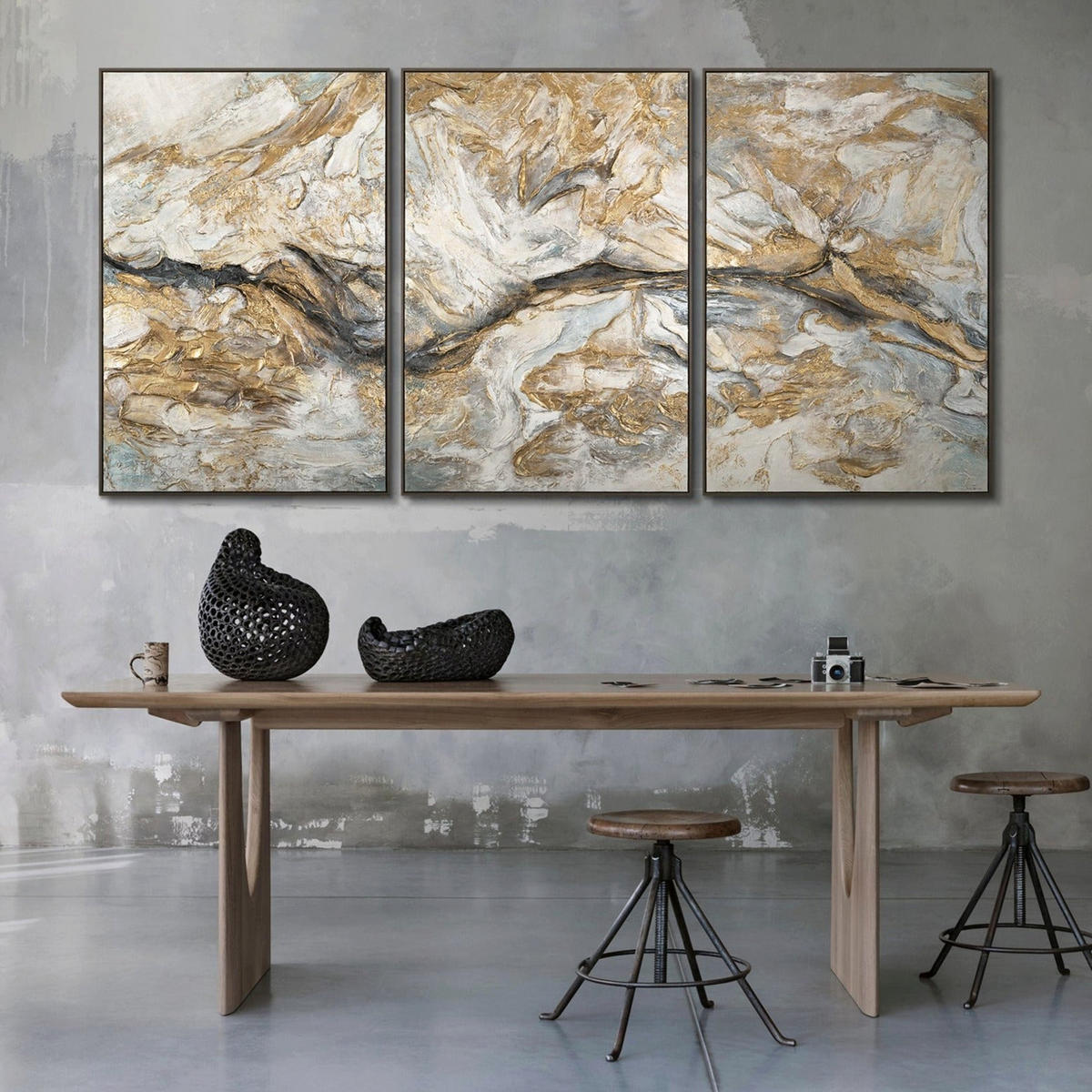 GEMÄLDE Abstrakte Muster Schattenfugenrahmen Grau 300x140 3-teilig - Grau, Holz (300/140cm) - YS-art gallery