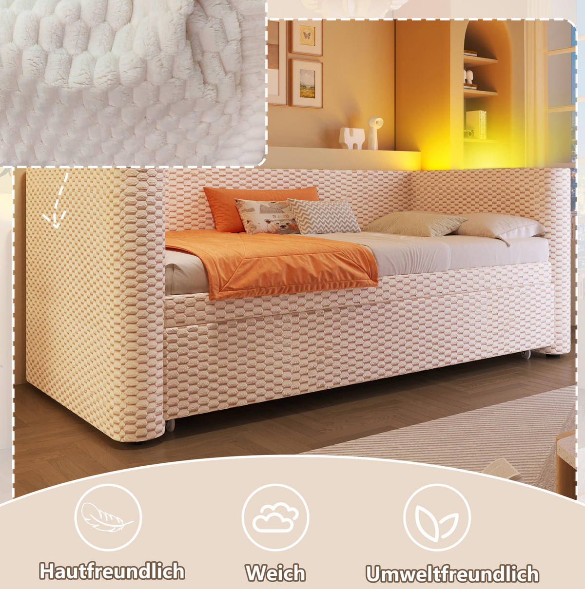 TAGESBETT aus Samt 90x200 cm Beige mit Ausziehfunktion, LED-Beleuchtung und Liegefläche 180x200 cm - Beige, Textil (90/200cm) - Modfu
