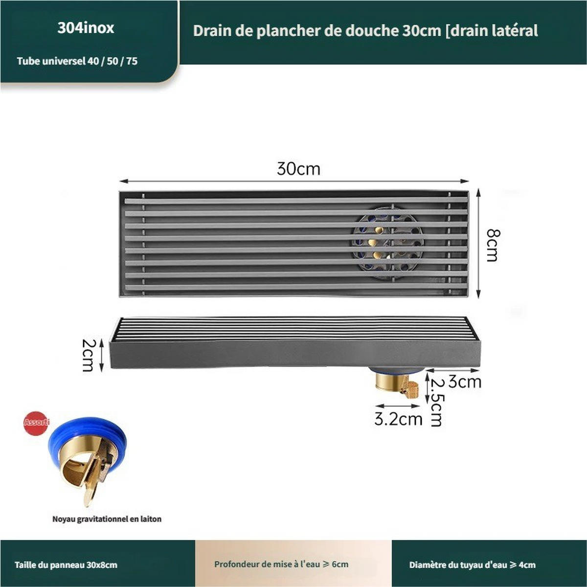 BODENABLAUF – 8 x 30 cm – Seitlicher Abgang - Grau, Metall (12.4/41/6.8cm)