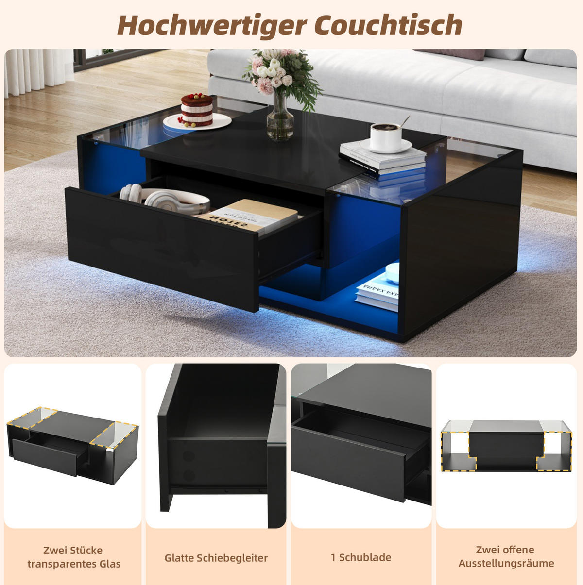 COUCHTISCH 100/50 cm mit Schublade, LED-Beleuchtung und gehärtetem Glas - Schwarz, Holzwerkstoff (100/50/31cm) - BEAOK