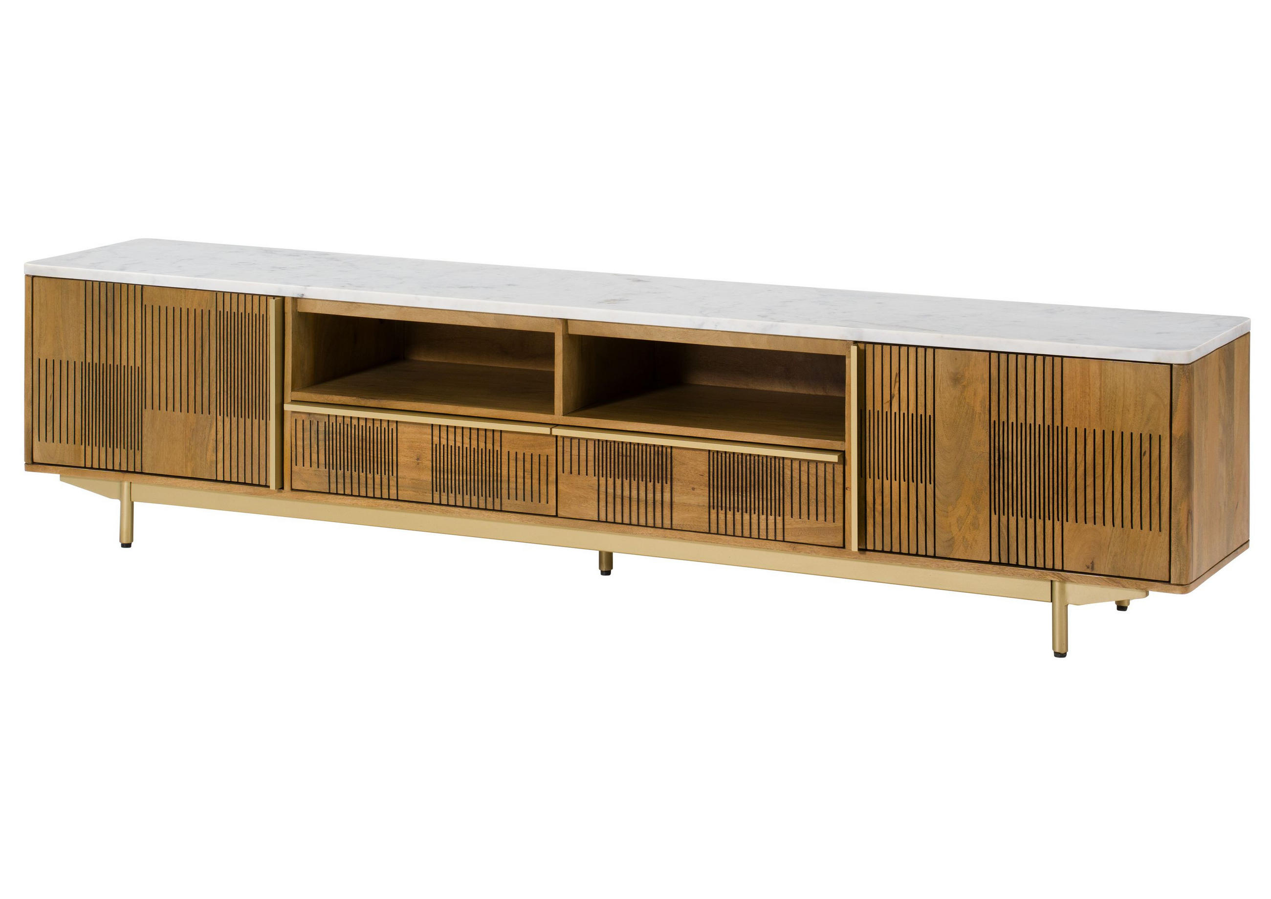 TV-BOARD Mango 220x40x50 hellbraun geölt / Marmor weiß MIAMI #106 - Braun, Holz (40/50/220cm) - Massivmoebel24