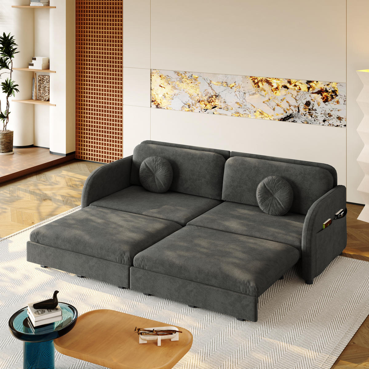 SCHLAFSOFA 3-in-1 ausziehbar 206 cm mit Stautaschen, DE-42862, Grau - Grau, Metall (205/89/84cm) - ComfortXL