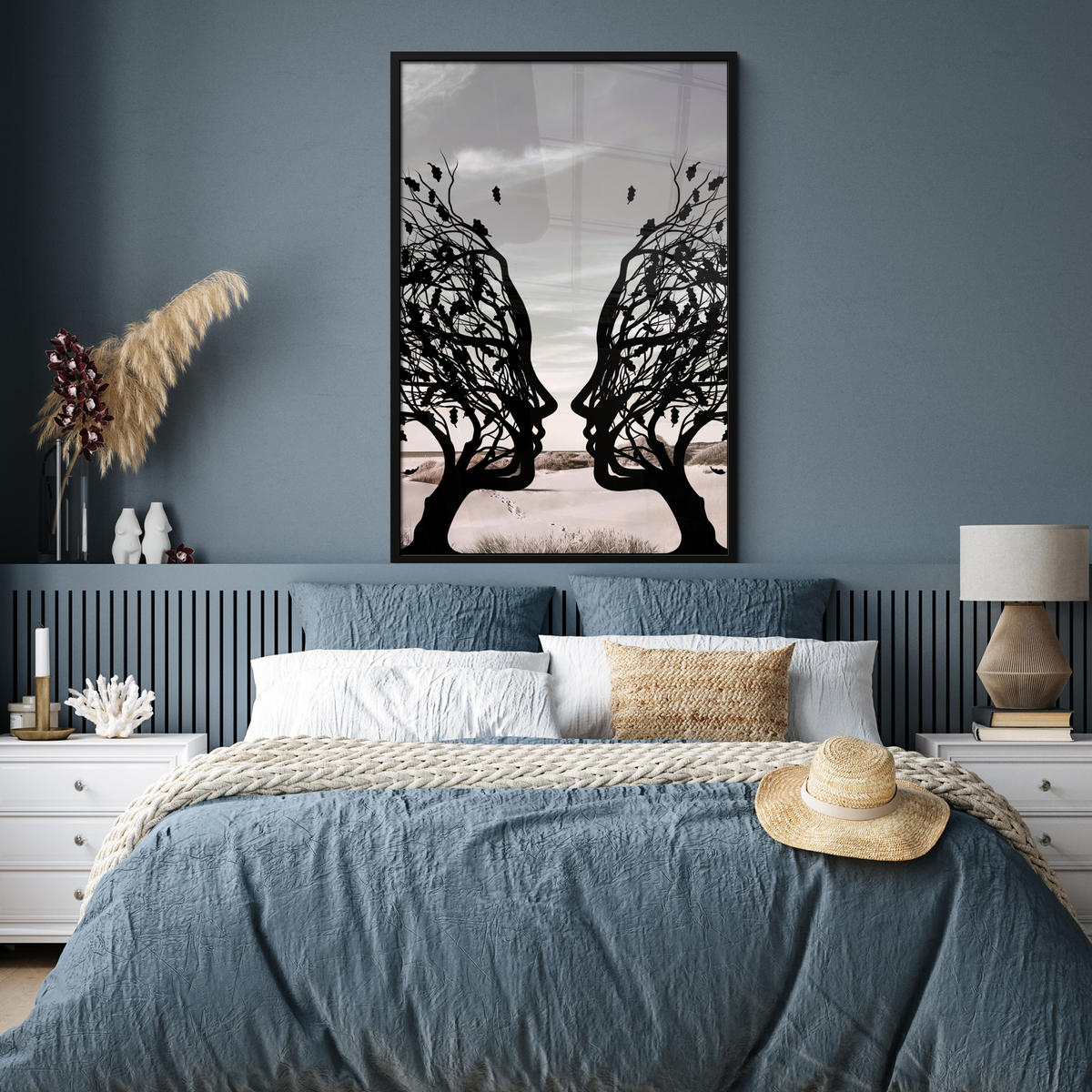 GERAHMTES BILD Strand - Meer - Menschen - Baum - Moderne Kunst 80x120 cm - Hellgrau, Papier (80/120cm) - MuchoWow