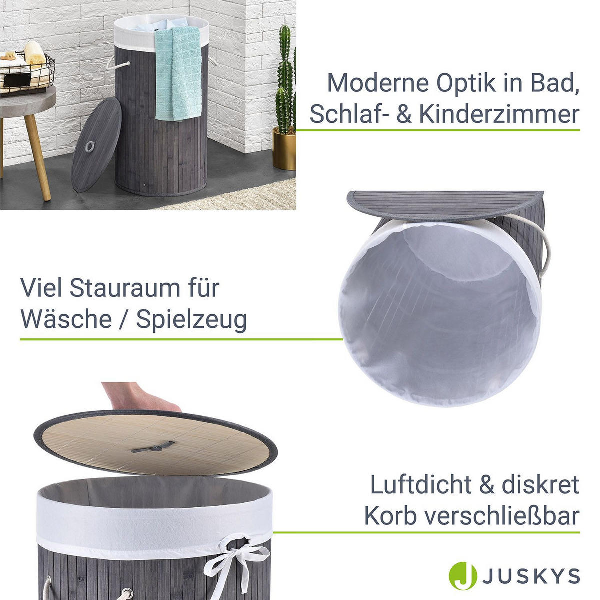 WÄSCHEKORB Curly-Round 55 L grau - Grau, Holz (35/60/35cm) - Juskys