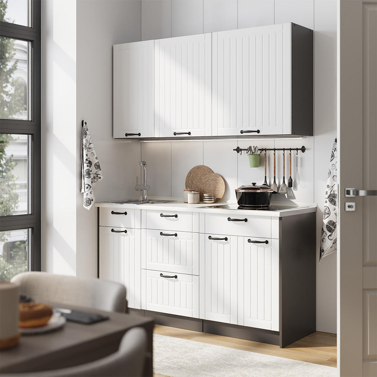 SINGLEKÜCHE Fame-Line, Weiß Landhaus/Anthrazit, 150 cm, AP Eiche - Anthrazit/Weiß, Holzwerkstoff (150/82/60cm) - Vicco