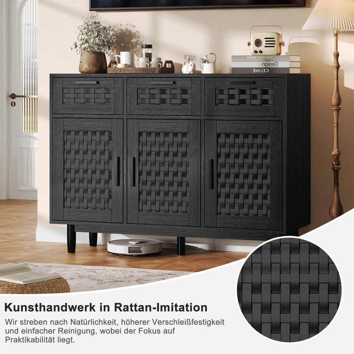SIDEBOARD im Rattan-Look für das Esszimmer, Aufbewahrungsschrank aus Naturholz, Wohnzimmerschrank mit 3 Schubladen und 3 Türen, schwarz - Schwarz, Holz (40/80/107.9cm) - WoodenAura