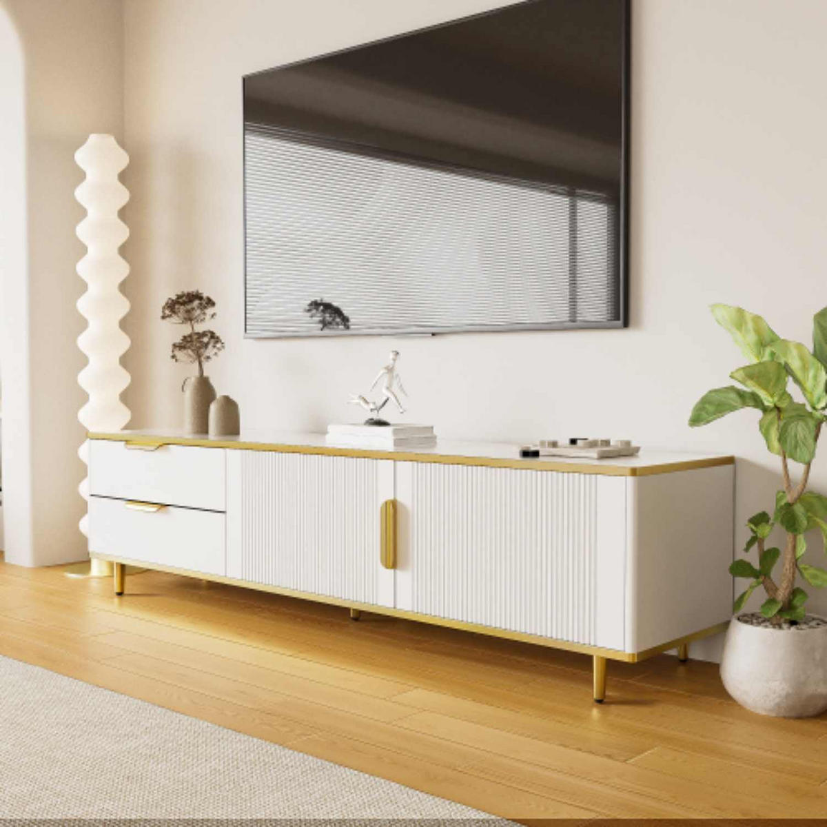 TV-SCHRANK in Weiß und Gold mit 2 Schubladen und 2 Türen 170/37/45 cm - Weiß, Holzwerkstoff (170/45/37cm) - Redom