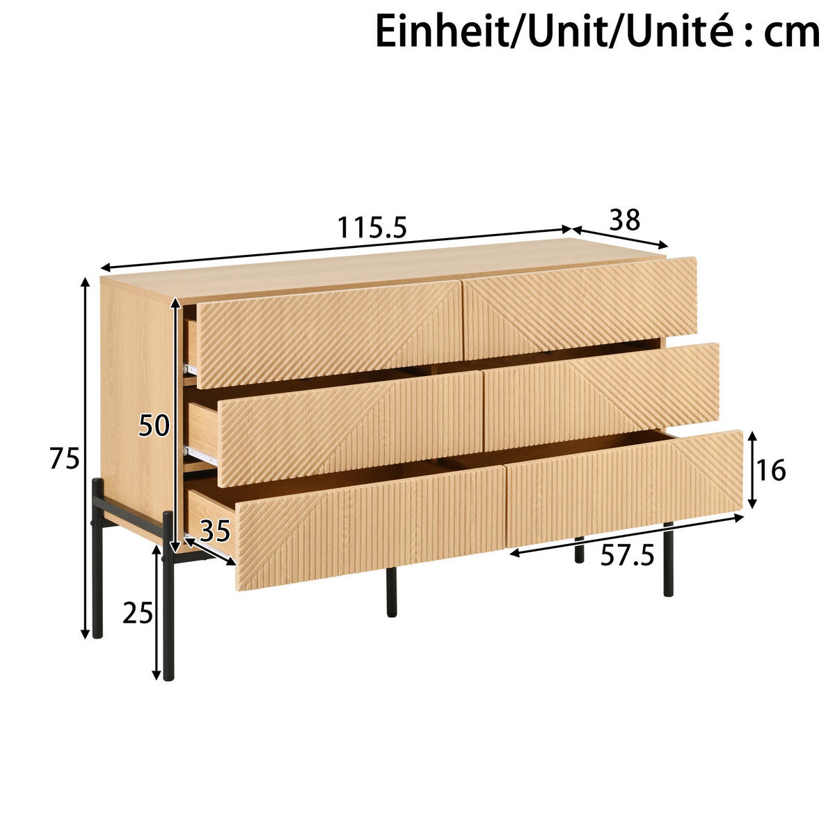 KOMODA 115,5/38/75 cm se 6 zásuvkami, 3D dekorem a kovovou podnoží z MDF, Přírodní - přírodní, kompozitní dřevo (115.5/75/38cm) - Redom