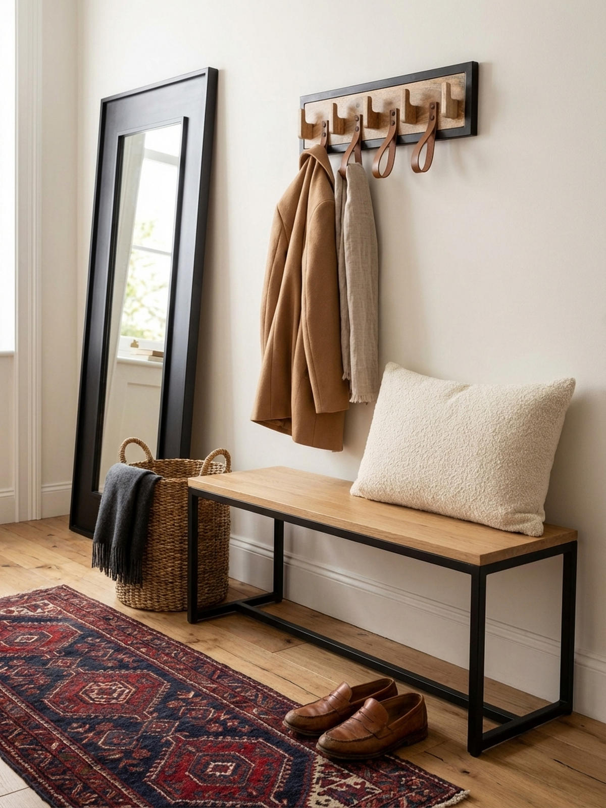WANDGARDEROBE Mango Massivholz Echtleder Modern 60x15x6 cm mit Schlaufen - Braun, Leder (60/15/6cm) - KADIMA DESIGN