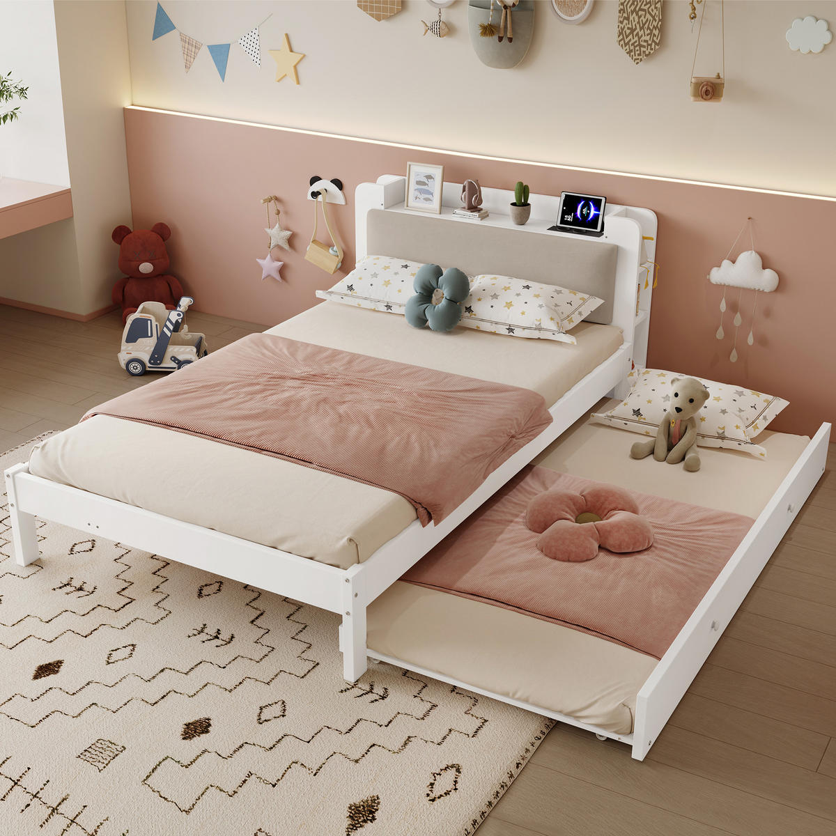 AUSZIEHBETT 120/200 cm DE-32715 mit Ladestation Weiß - Weiß, Holz (120/200cm) - ComfortXL