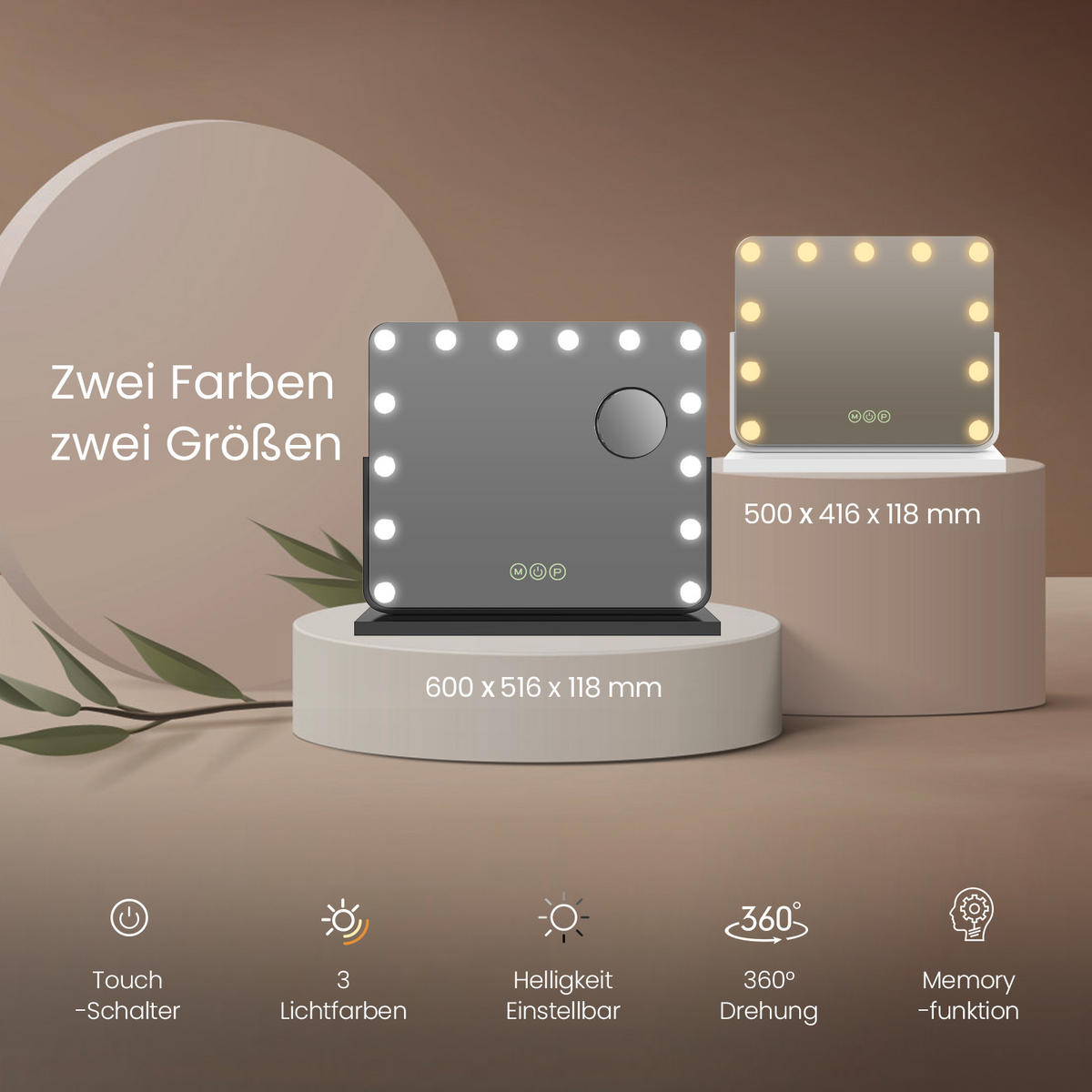 KOSMETIKSPIEGEL mit Beleuchtung, Schwarz, 50/42 cm - Schwarz, Glas (42/12/50cm) - EMKE