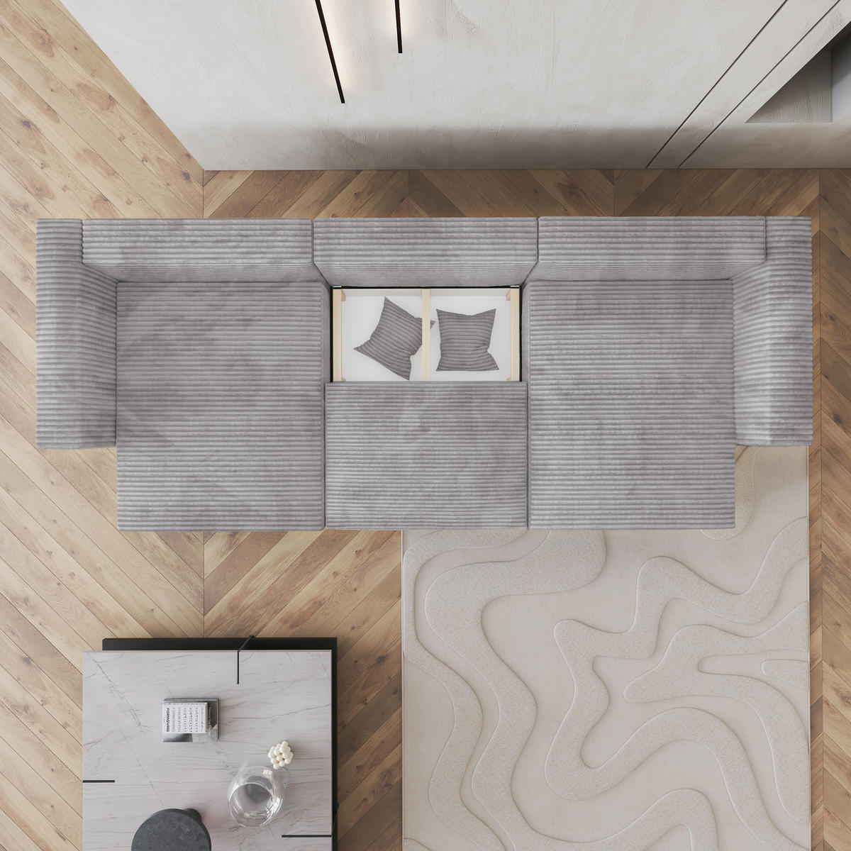 WOHNLANDSCHAFT SARMO Schwarz Kordstoff mit Schlaffunktion - Schwarz, Holz (347/90/148cm) - MASSENO