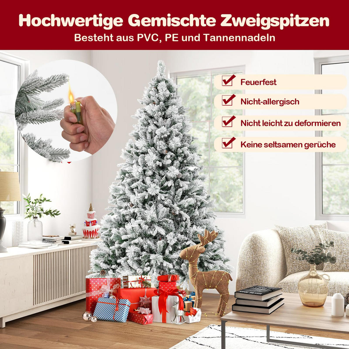 WEIHNACHTSBAUM mit Beleuchtung Schnee und Zapfen 210 cm weiß - Weiß, Metall (210cm) - COSTWAY