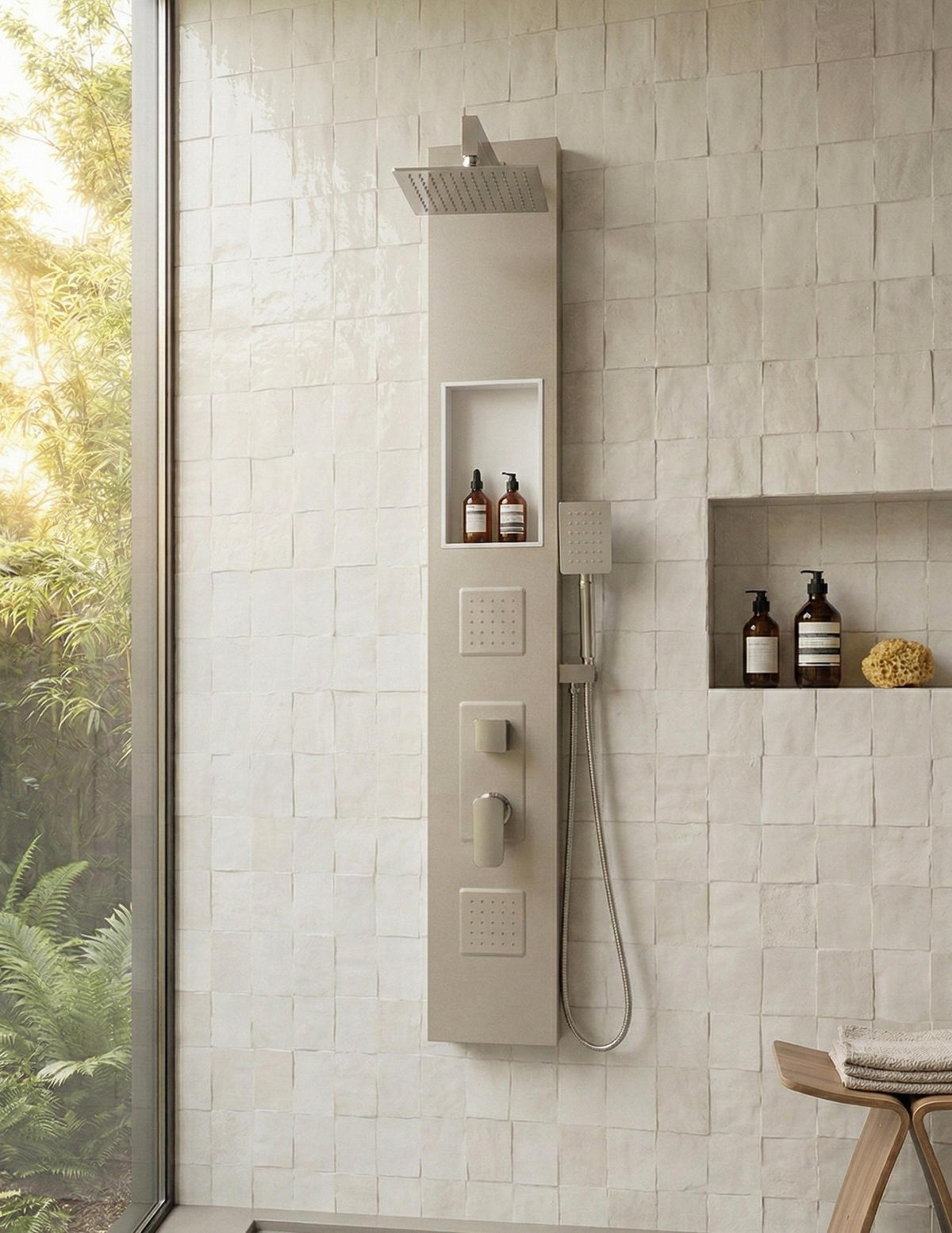 DUSCHPANEEL Monterra mit Mischbatterie RVS Chrom - 140 x 20 cm - Chromfarben, Holz (20/140/7cm) - Badplaats