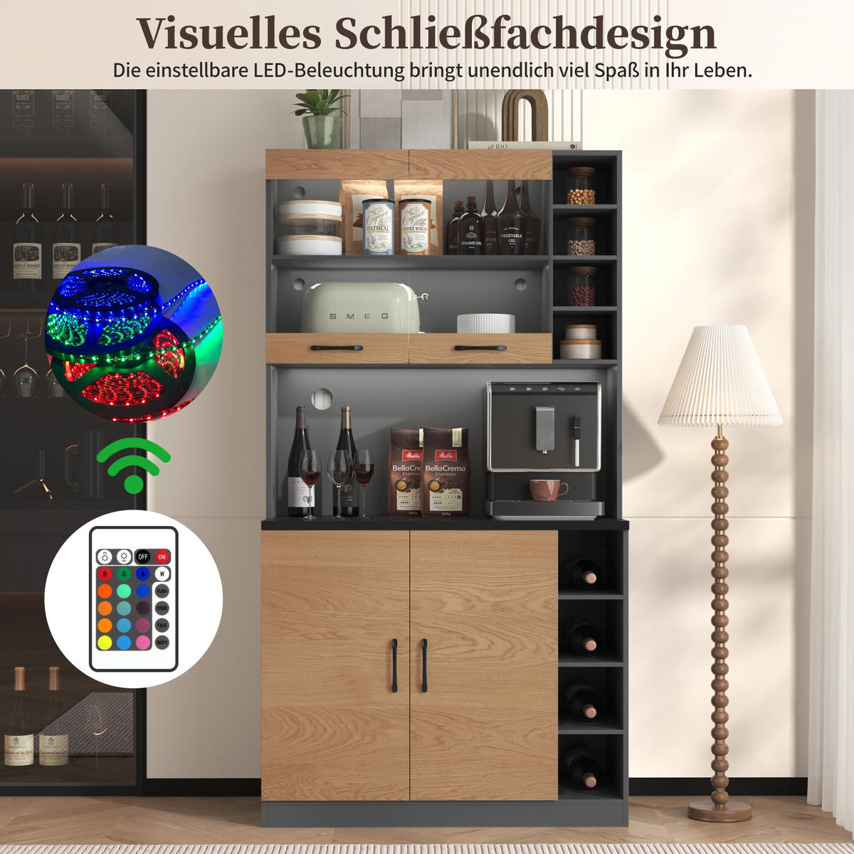 KÜCHENSCHRANK in Holz- und Schwarz-Optik mit LED - Schwarz, Holzwerkstoff (47/187/100cm) - Urban Meuble
