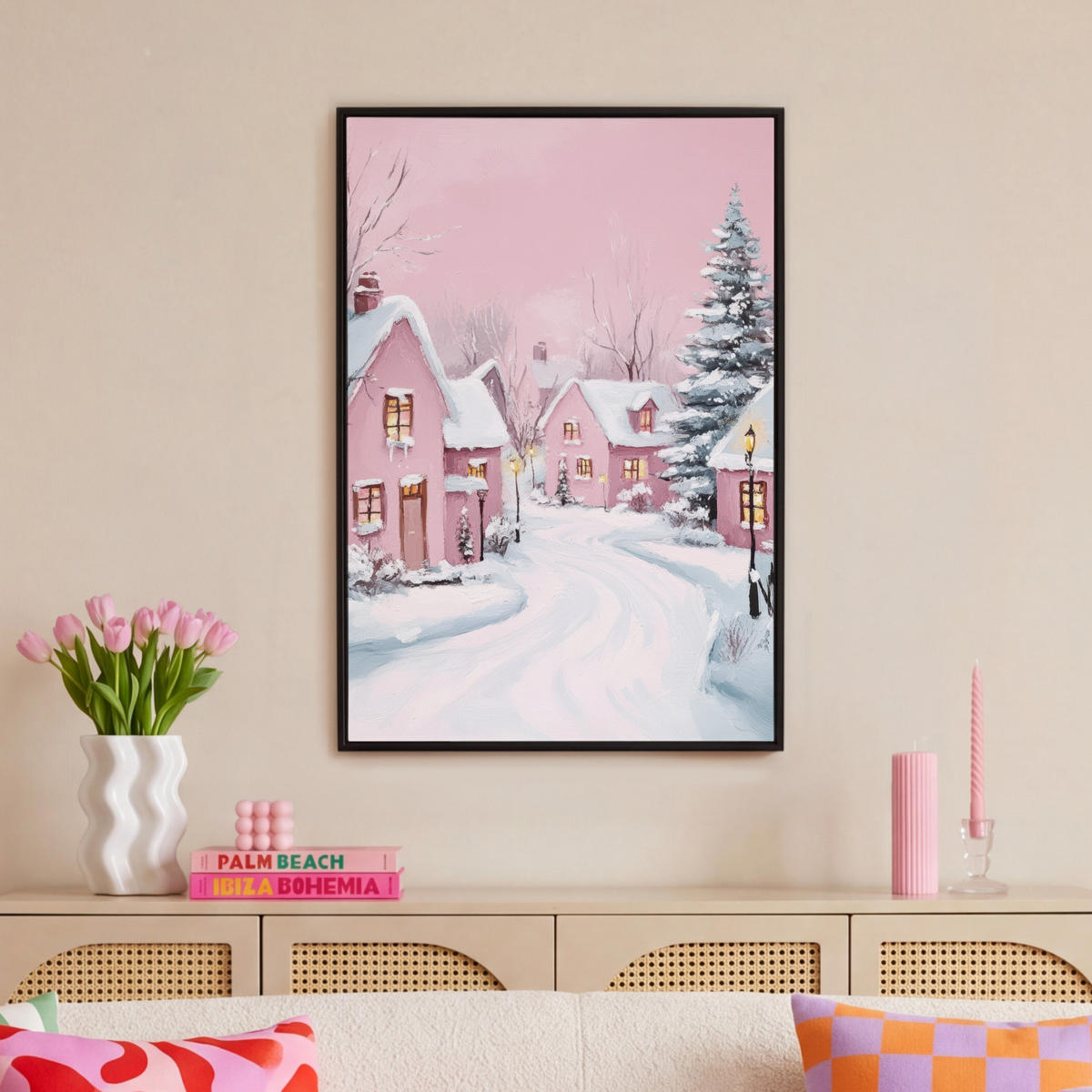 LEINWAND Bilder mit Rahmen - Weihnachtsdorf - Rosa - Winter - Schnee - Häuser - 60x90 - Altrosa, Textil (60/90cm) - MuchoWow