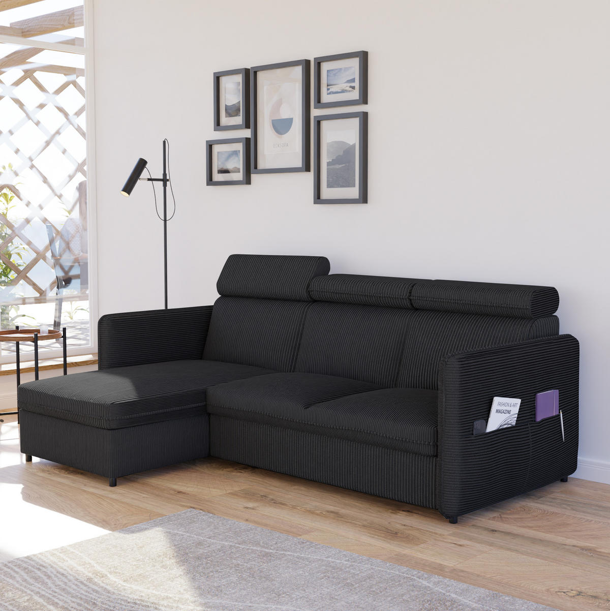 ECKSOFA mit Schlaffunktion und Bettkasten, Schwarz - Schwarz, Holzwerkstoff/Textil (220/140cm) - Idohome