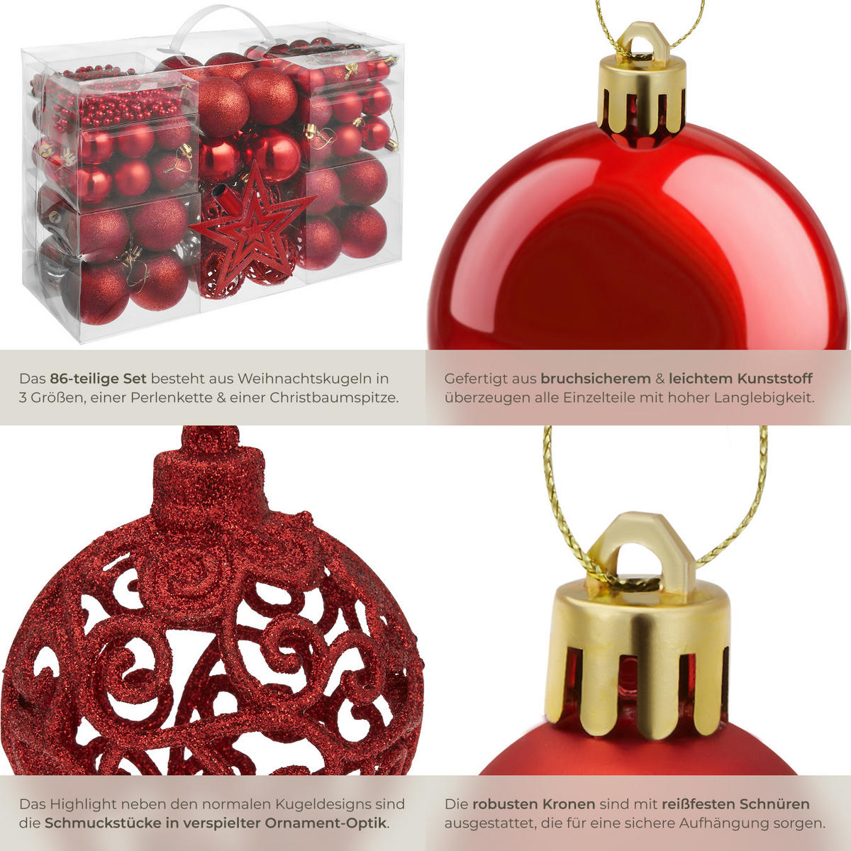 WEIHNACHTSKUGELN ,Durchmesser 3, 4 und 6 cm,rot - Rot, Textil (6/6/6cm) - tectake