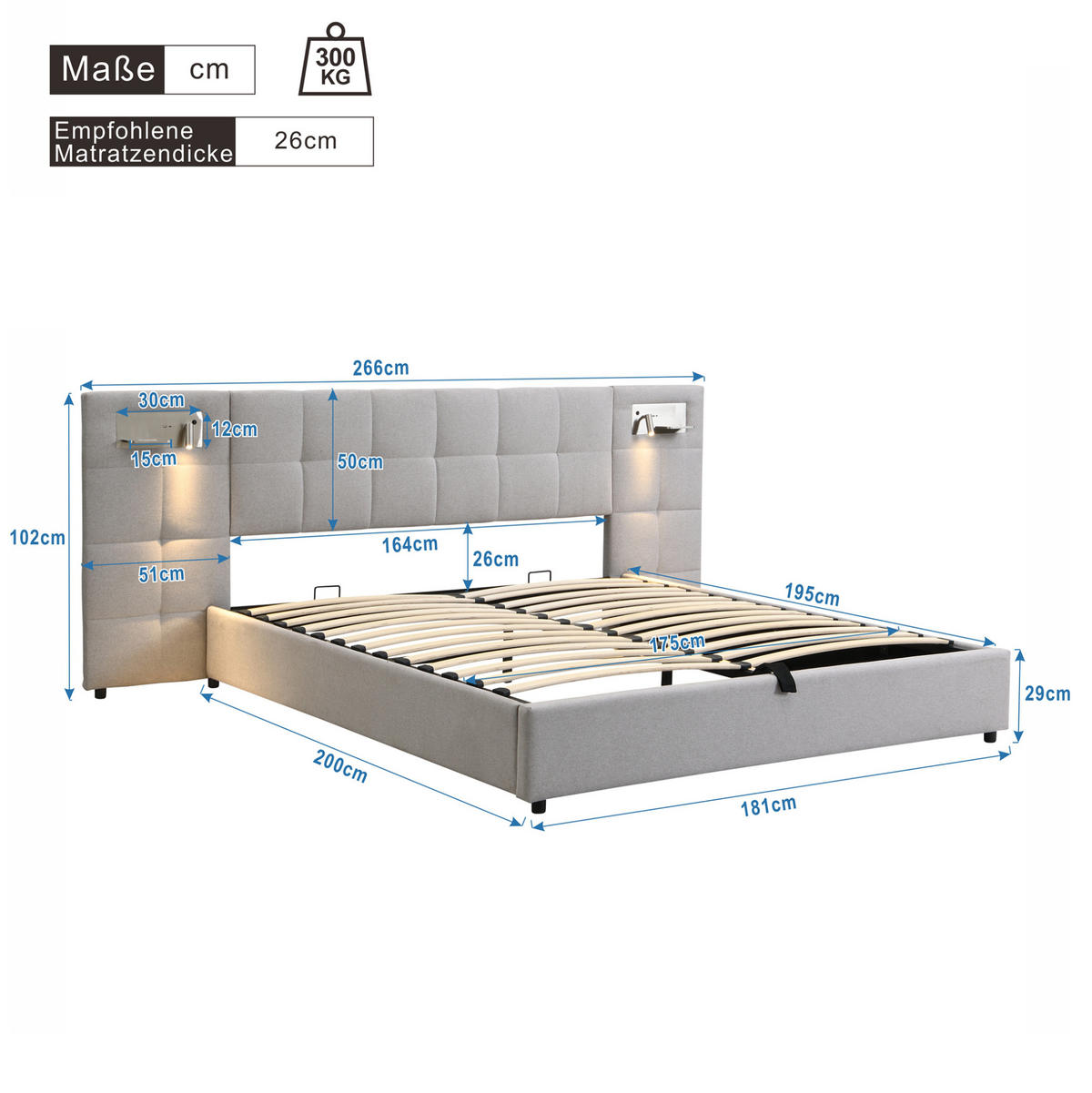 POLSTERBETT mit Stauraum 180x200 cm Leinen Grau mit USB & kabellosem Laden - Grau, Metall (180/200cm) - Meubliv