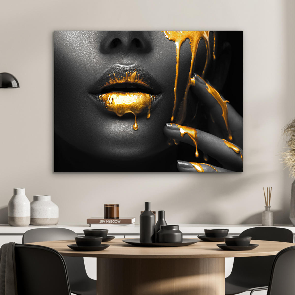 METALLBILD Frau - Schwarz - Gold - Gesicht - Lippen 80x60 cm - Goldfarben, Metall (80/60cm) - MuchoWow