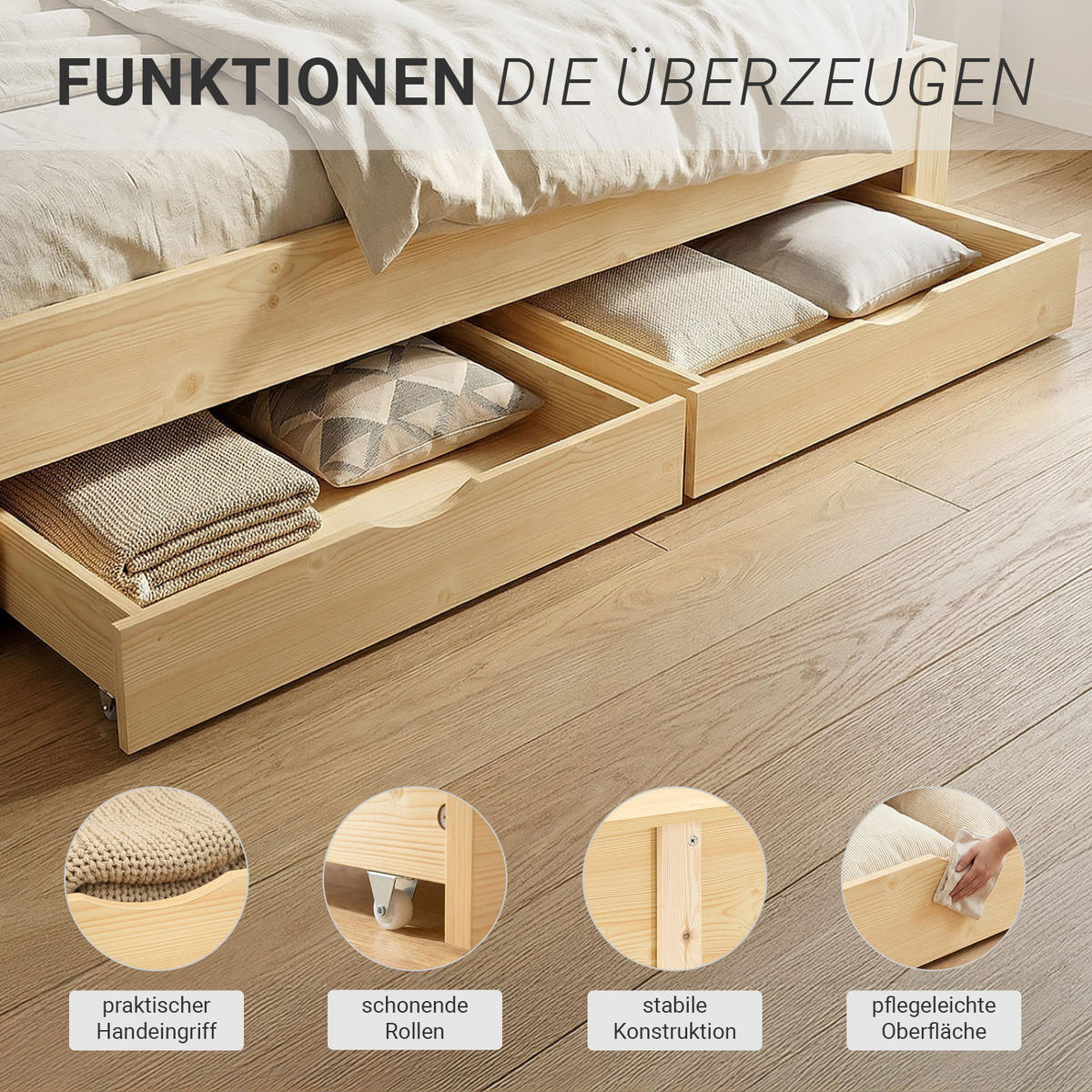 HOLZBETT mit Matratze und Stauraum 180/200 cm natur - Naturfarben, Holz (180/200cm) - Homestyle4u