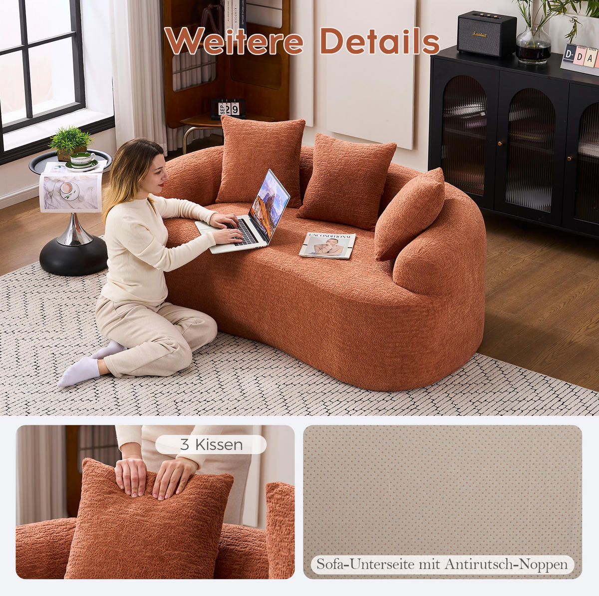SOFA 2-Sitzer extra tiefe Sitzfläche Chenille Coral - Braun, Kunststoff (153/63/94cm) - Meubliv