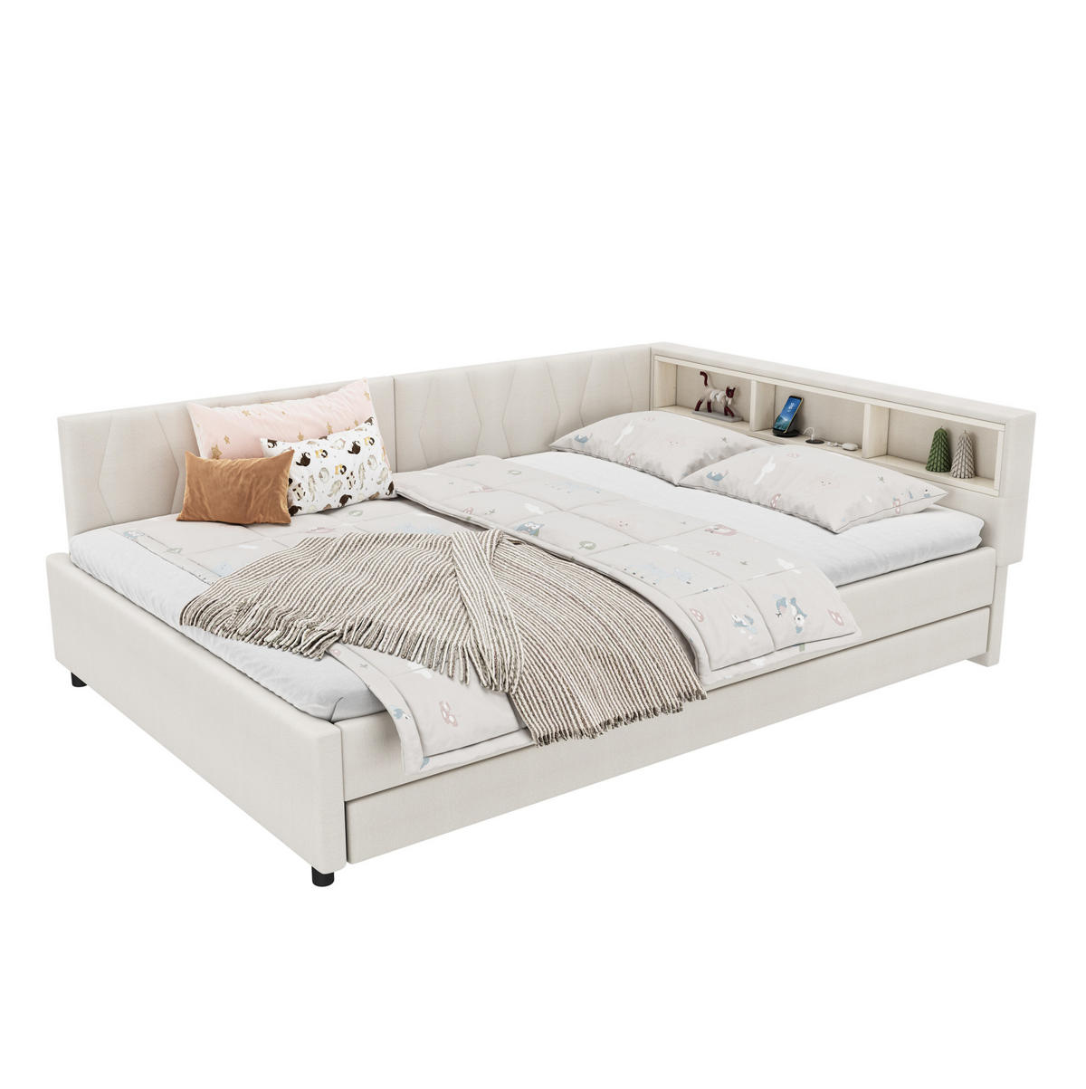 BETT 140/200 cm Beige mit LED-Beleuchtung und USB- und Type-C-Anschlüssen - Beige, Textil (140/200cm) - Flora Grace