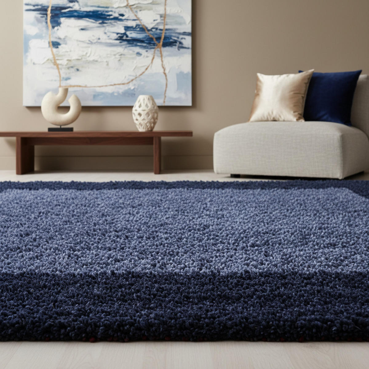 HOCHFLORTEPPICH Shaggy Bordüren-Design Kuschelig Waschbar Wohnzimmer Marineblau 100x200 cm – RHEIN - Blau, Textil (100/200cm) - KADIMA DESIGN