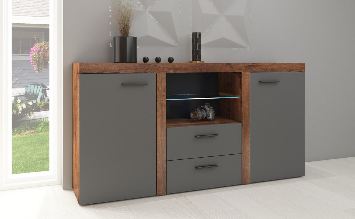 SIDEBOARD OKTAWIA 2F2S LED - Dunkelbraun/Graphitfarben, Holzwerkstoff (157/20/40cm) - Meblini