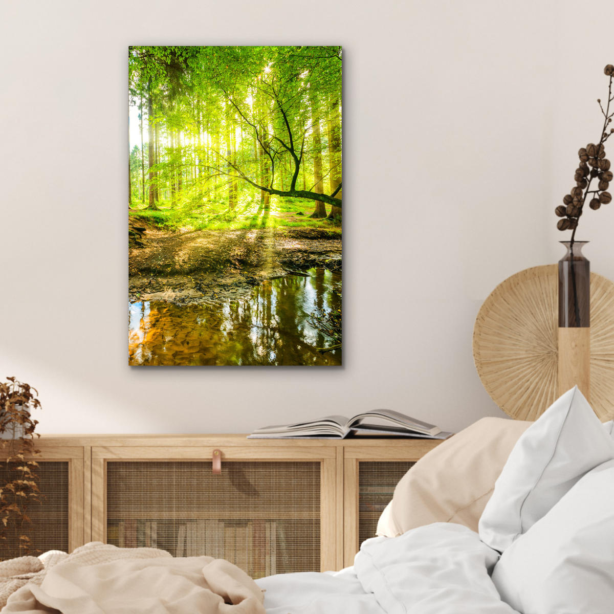 METALLBILD Wald - Landschaft - Wasser - Bäume - Sonne - Grün - Natur 40x60 cm - Grün, Metall (40/60cm) - MuchoWow
