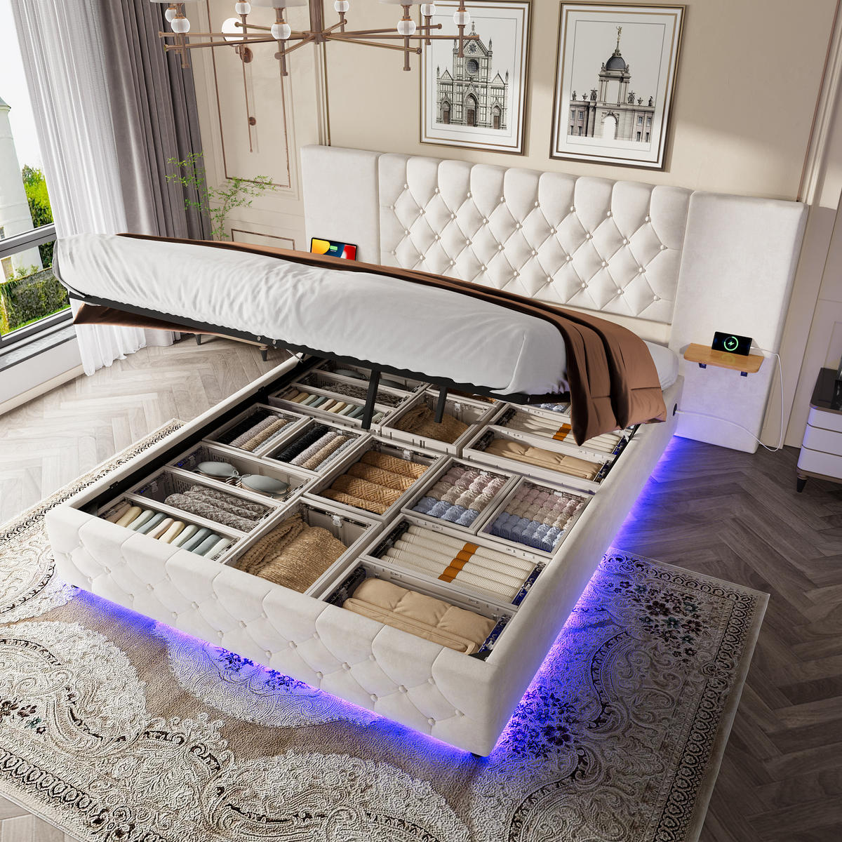 POLSTERBETT 160/200 cm Beige mit breitem Kopfteil LED-Licht USB-Anschluss hydraulischem Hebesystem - Beige, Textil (160/200cm) - OKWISH