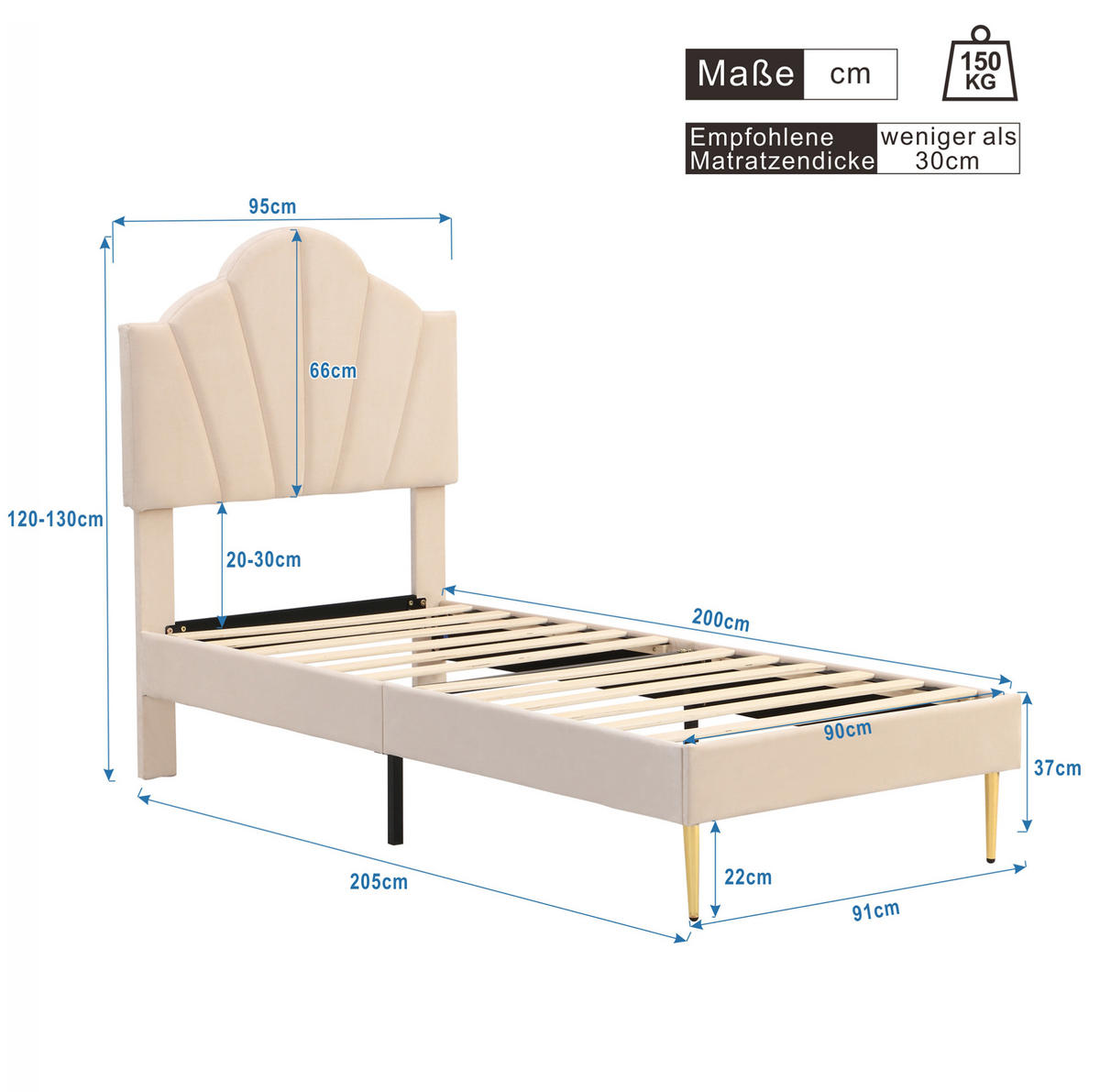 POLSTERBETT 90/200 cm Beige aus Samt mit verstellbarem Kopfteil - Beige, Textil (90/200cm) - OKMYHOME