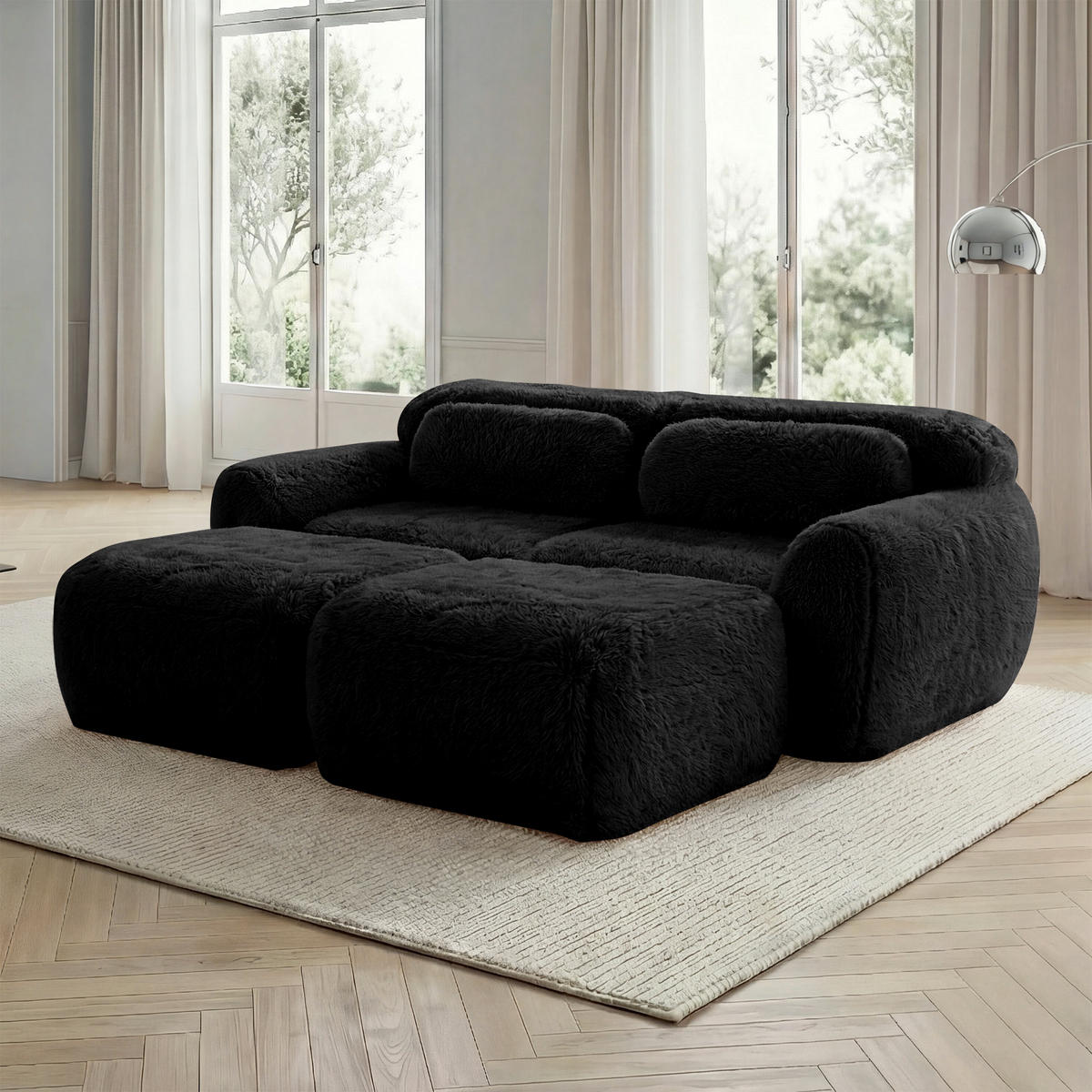 2-SITZER SOFA Plüsch Schwarz mit 2 Ottomanen - Schwarz, Textil (204/73/179cm) - WISHDOR