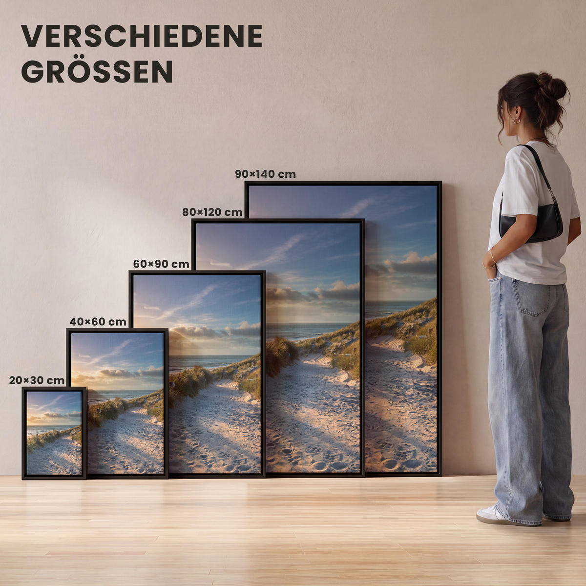 LEINWAND Bilder mit Rahmen - Sonnenuntergang - Strand - Düne - Gras - Ufer - 40x60 - Sandfarben, Textil (40/60cm) - MuchoWow