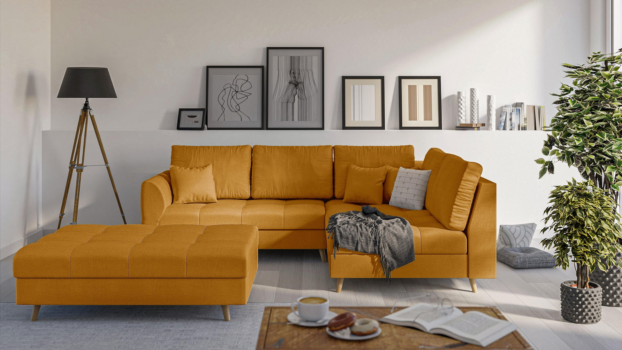 ECKSOFA MIT HOCKER Lorine Mikrofaser Gelb - Hellbraun/Gelb, Buchenholz/Textil (231/161cm) - S-Style Möbel