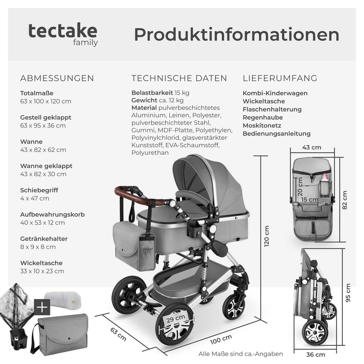 KOMBI-KINDERWAGEN Mats,für 0 bis 36 Monate geeignet, Belastbarkeit 15 kg,grau - Grau, Kunststoff (100/63/120cm) - tectake