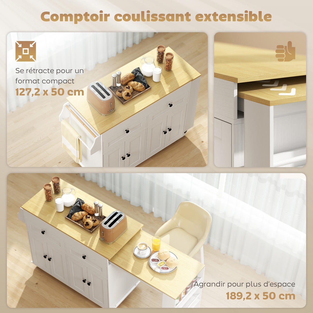 KÜCHENINSEL DE-11333 Ausziehbarer Arbeitstisch mit 2 Schubladen Weiß - Weiß, Holzwerkstoff (127.2/87.8/50cm) - ComfortXL