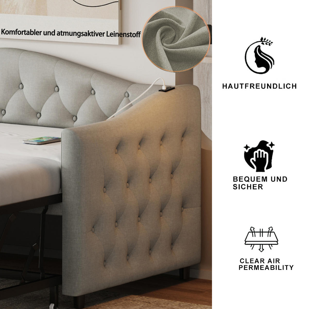 POLSTERBETT 90x200 cm Grau Schlafsofa USB Multifunktion Lattenrost - Grau, Holzwerkstoff - FLIEKS