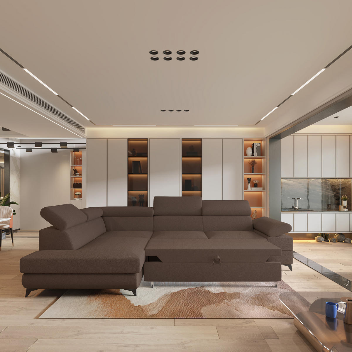 ECKSOFA FAVIEN L-S Braun Boucle-Stoff mit Schlaffunktion - Braun, Holz (257/190cm) - MASSENO