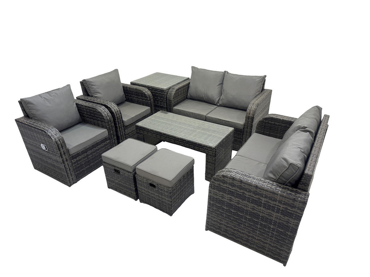 GARTENSOFA SET mit LIEGESTUHL Polyrattan 8-Sitzer Dunkelgrau - Dunkelgrau/Grau, Glas/Kunststoff - Fimous