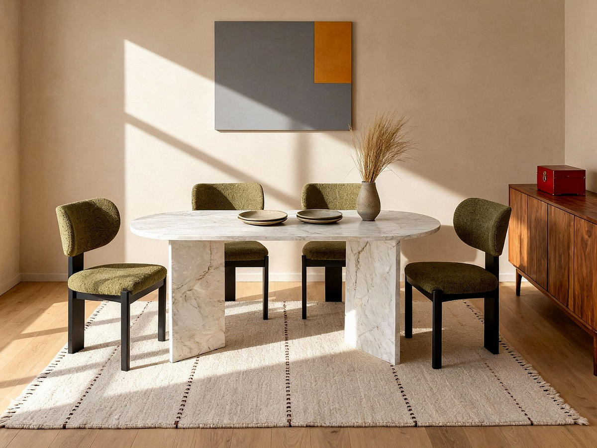 STUHL 6er-Set - Bouclé-Stoff & Kautschukholz -Schwarz & Khaki - WILANA - Grün, Textil (56/85/60cm) - Vente-Unique