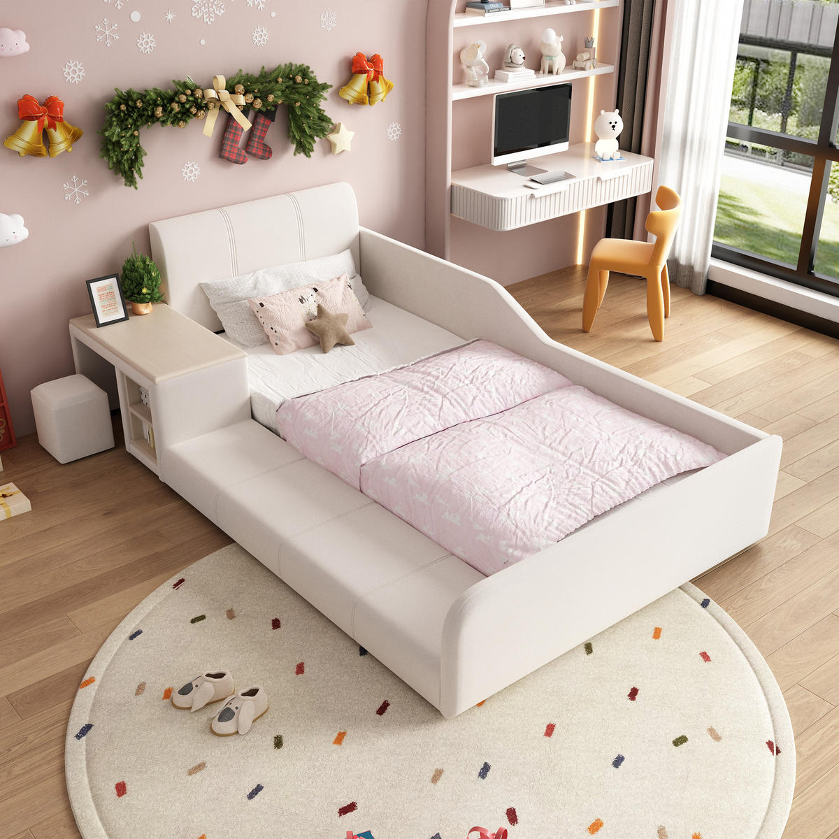 KINDERBETT 90/200 cm in Weiß Samt mit Schreibtisch, Hocker und Ablageboden - Weiß, Holzwerkstoff/Textil (90/200cm) - WISHDOR