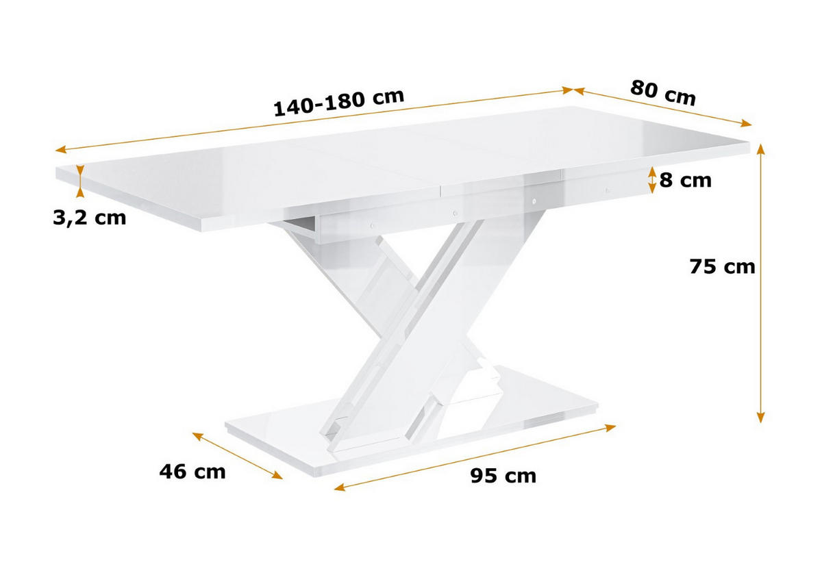 ESSTISCH ausziehbar 140 -180x80x75 cm - Weiß Hochglanz - RONX - Weiß Hochglanz, Holzwerkstoff (140/80/75cm) - ALTDECOR