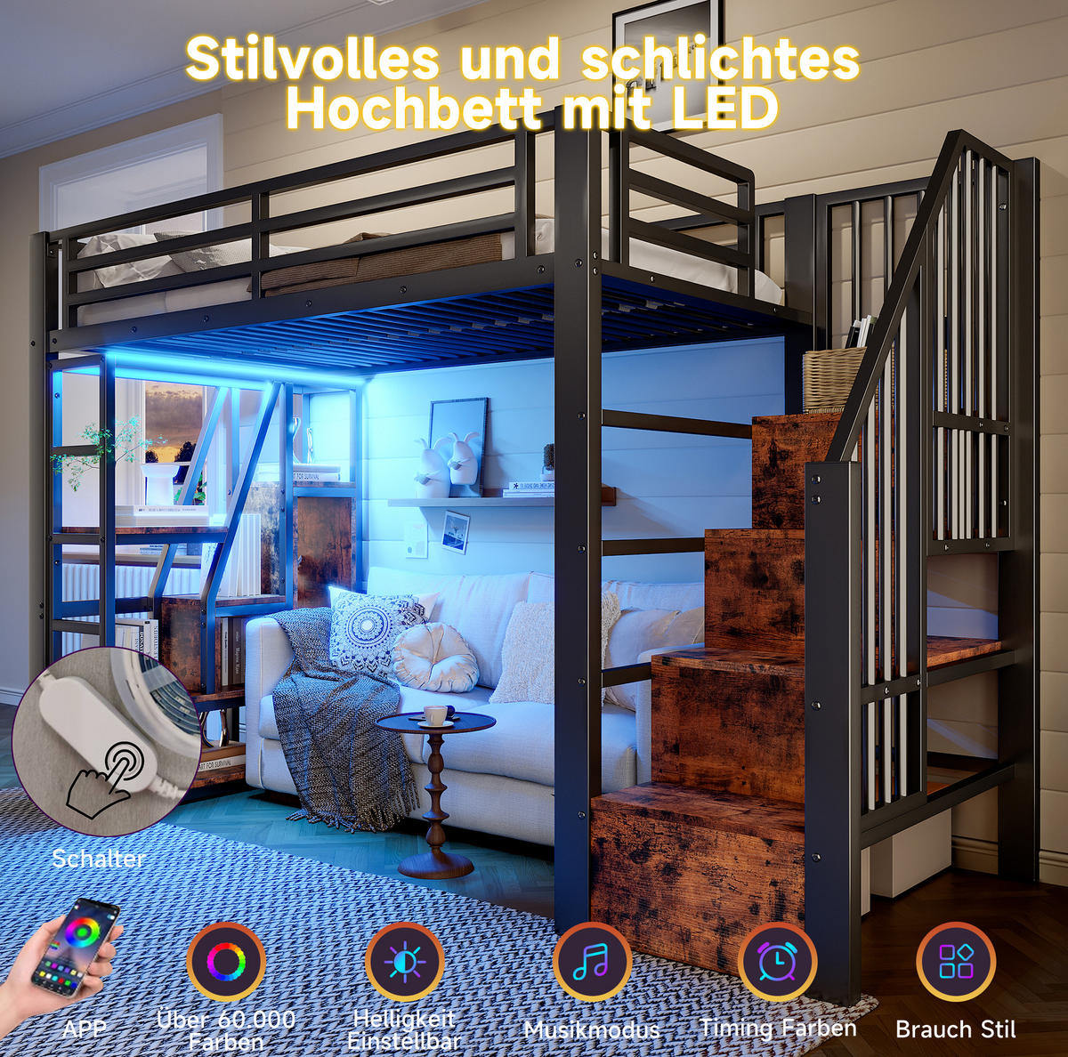 HOCHBETT 90/200 cm aus Metall und MDF mit LED-Beleuchtung, Ablage und Stauraum - Schwarz, Holzwerkstoff (90/200cm) - Flora Grace