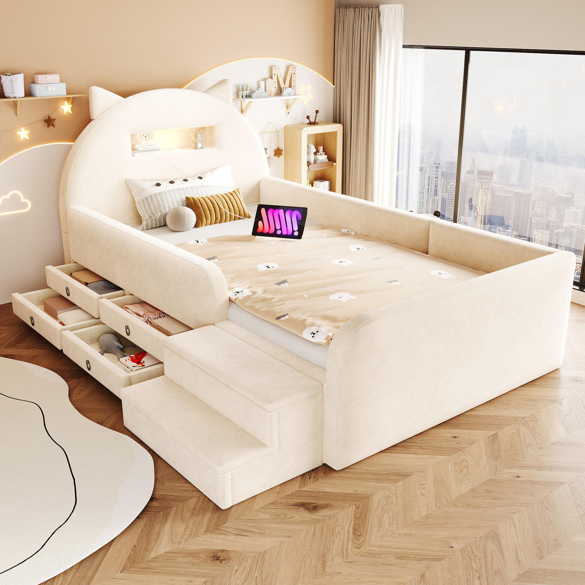 KINDERBETT 90x200cm Samt Ohrenform Kopfteil Stauraum Beige - Beige, Textil (90/200cm) - FLIEKS