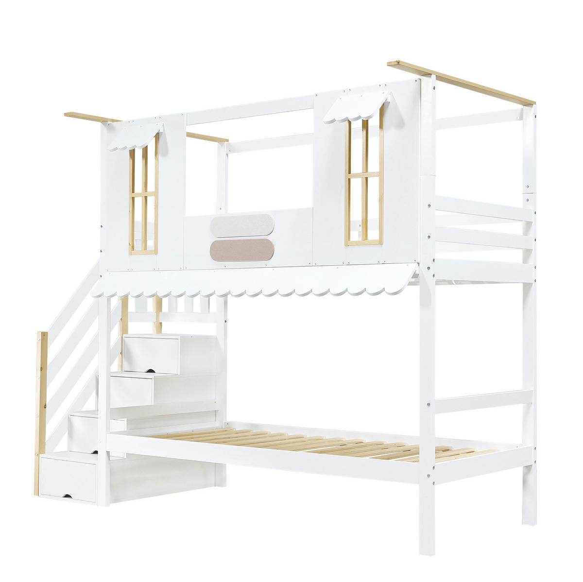 ETAGENBETT aus Kiefer, MDF und Sperrholz 90x200 cm Weiß/Natur mit Stauraumtreppe - Weiß, Holz (90/200cm) - IVMEU
