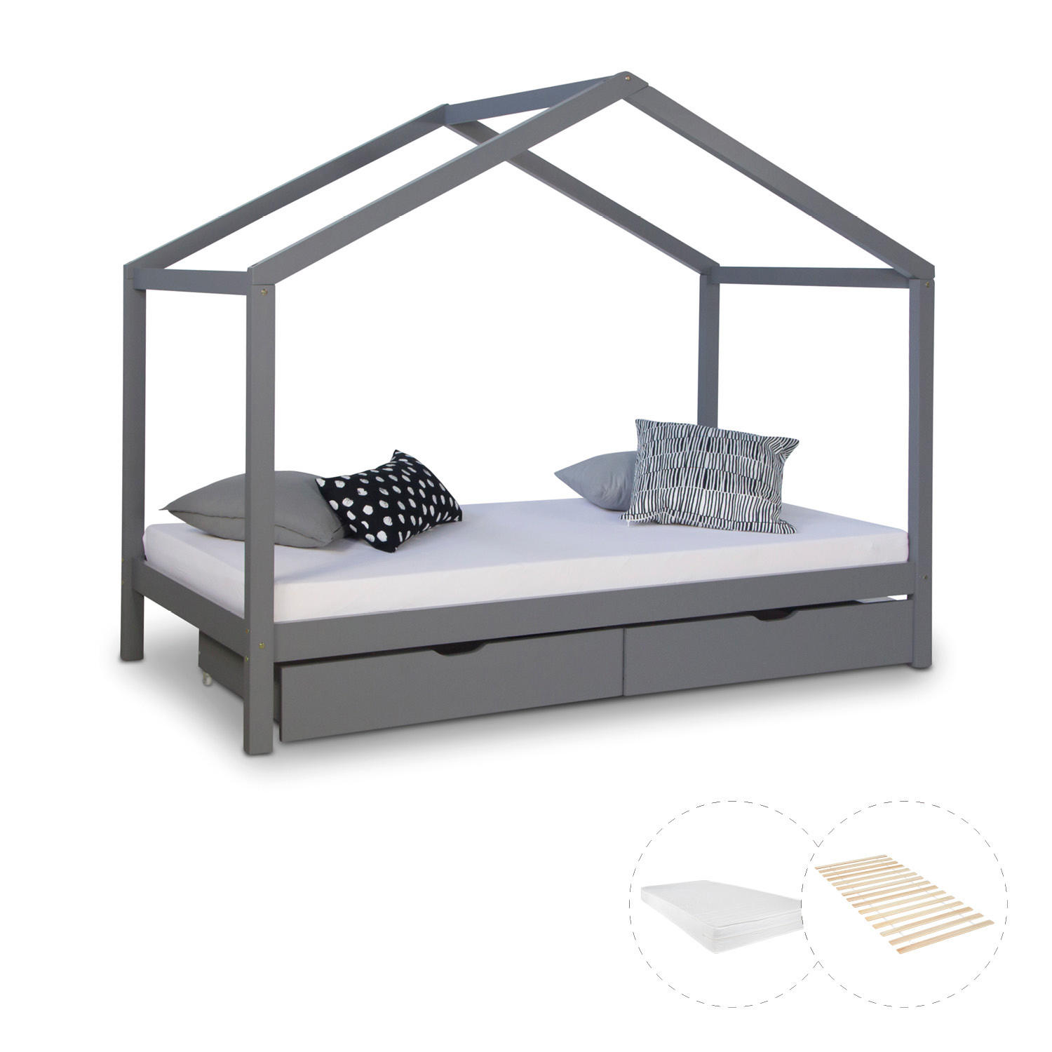 HAUSBETT mit Matratze mit Stauraum 90/200 cm Grau - Grau, Holz (208/160/96cm) - Homestyle4u
