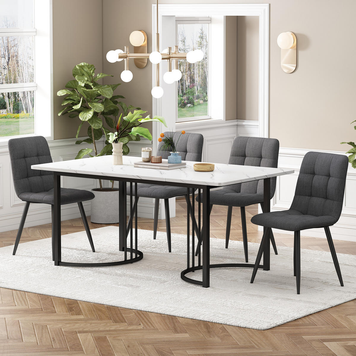 ESSGRUPPE Esstisch 4 Stühle MDF Weiß Grau 140x80cm - Multicolor, Holzwerkstoff (140/75/80cm) - FLIEKS